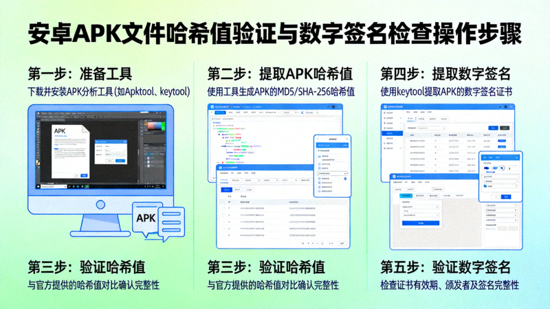 安卓APK文件哈希值验证与数字签名检查操作步骤示意图