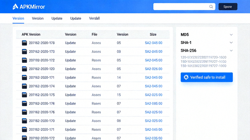 APKMirror网站界面截图，展示其清晰的APK文件版本列表和验证信息