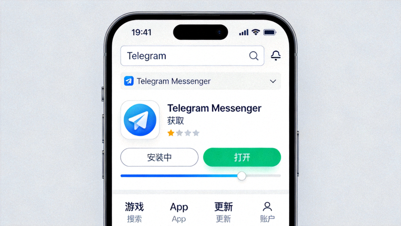 iOS设备App Store界面展示搜索并下载Telegram官方应用的过程截图