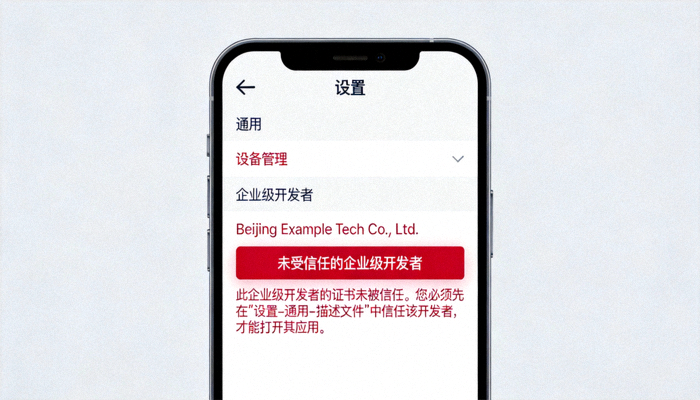 iOS系统设置中显示‘未受信任的企业级开发者’提示的截图示例