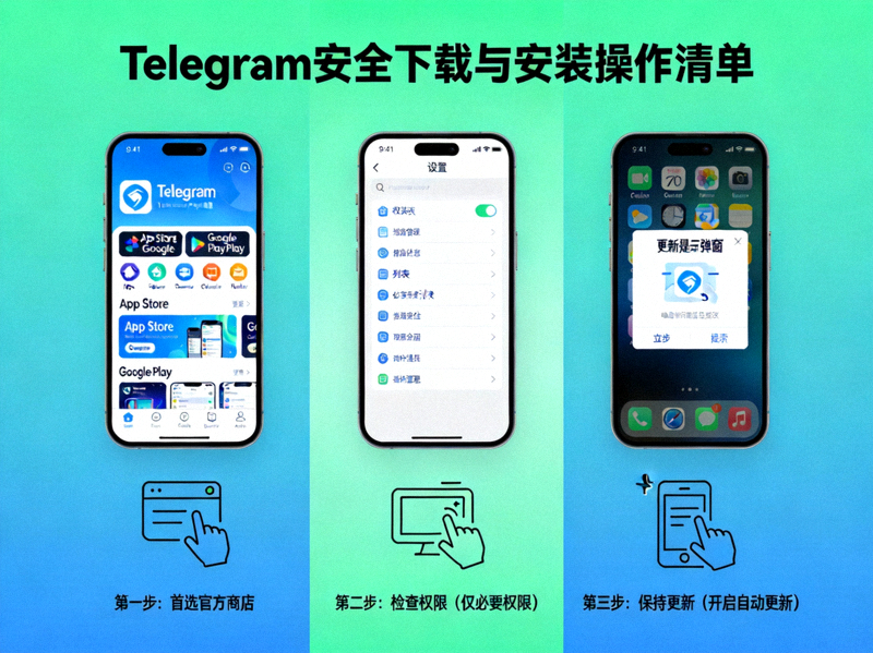 Telegram安全下载与安装操作清单信息图：包含首选官方商店、检查权限、保持更新等步骤的视觉化总结