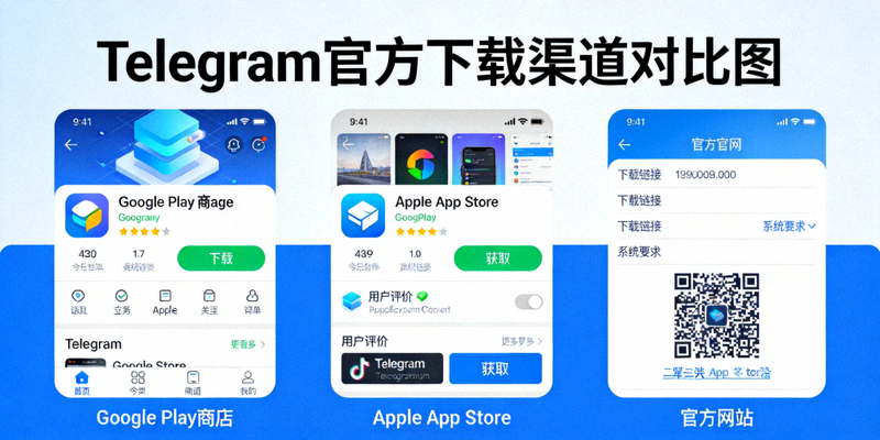 Telegram官方下载渠道对比图：Google Play商店、Apple App Store和官方网站的界面展示